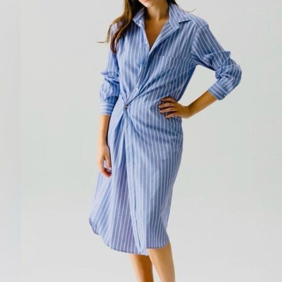 WEAR CISCO Midi Shirt Dress Button Down White Blue Stripe Size M / L - Picture 1 of 13